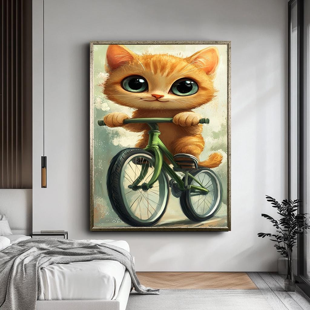Cute Cat on Bicycle Art Print, Whimsical Animal Illustration, Adorable