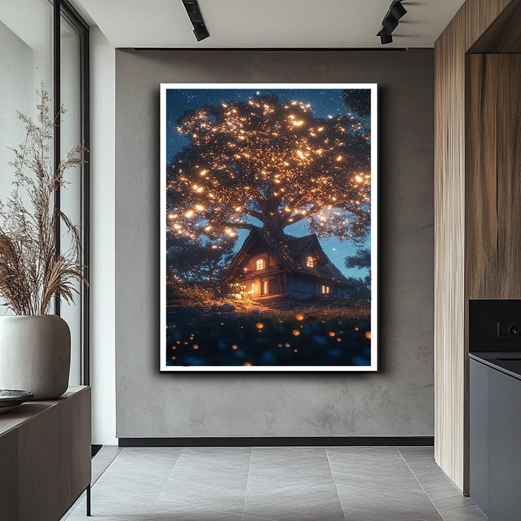 Magical Tree House Canvas Art | Cozy Cottage Under Starry Sky | Glowin