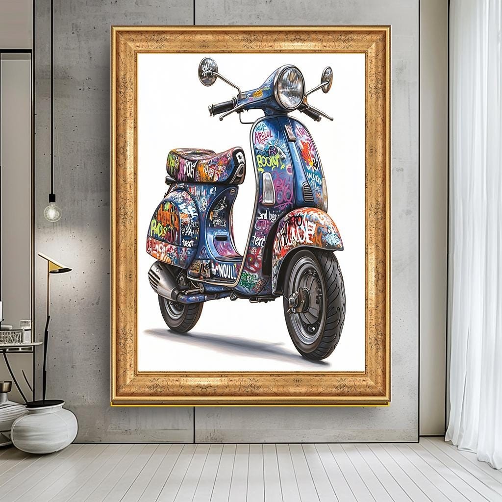 Vintage Graffiti Scooter Canvas Art – Unique Wall Art for Home Decor, 