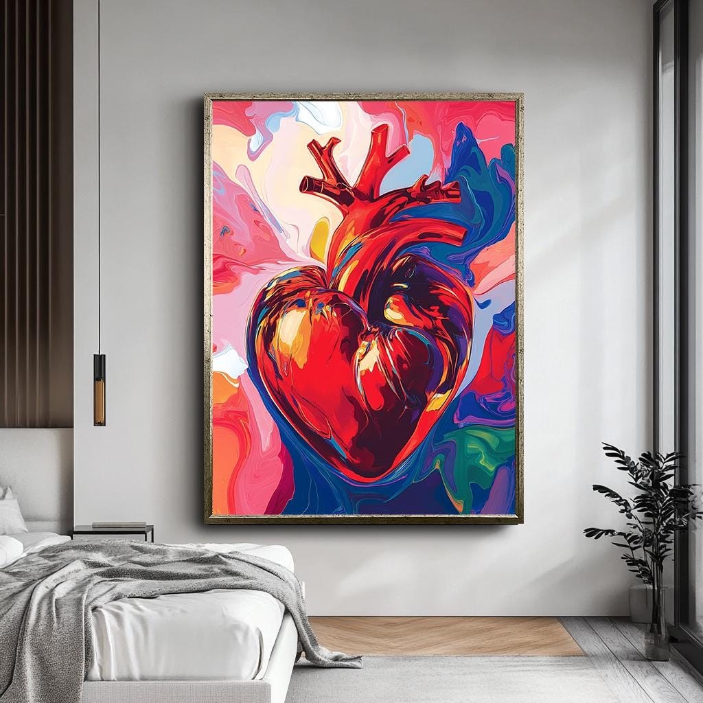 Vibrant Heart Wall Art, Bold Anatomical Heart Canvas Print, Colorful A