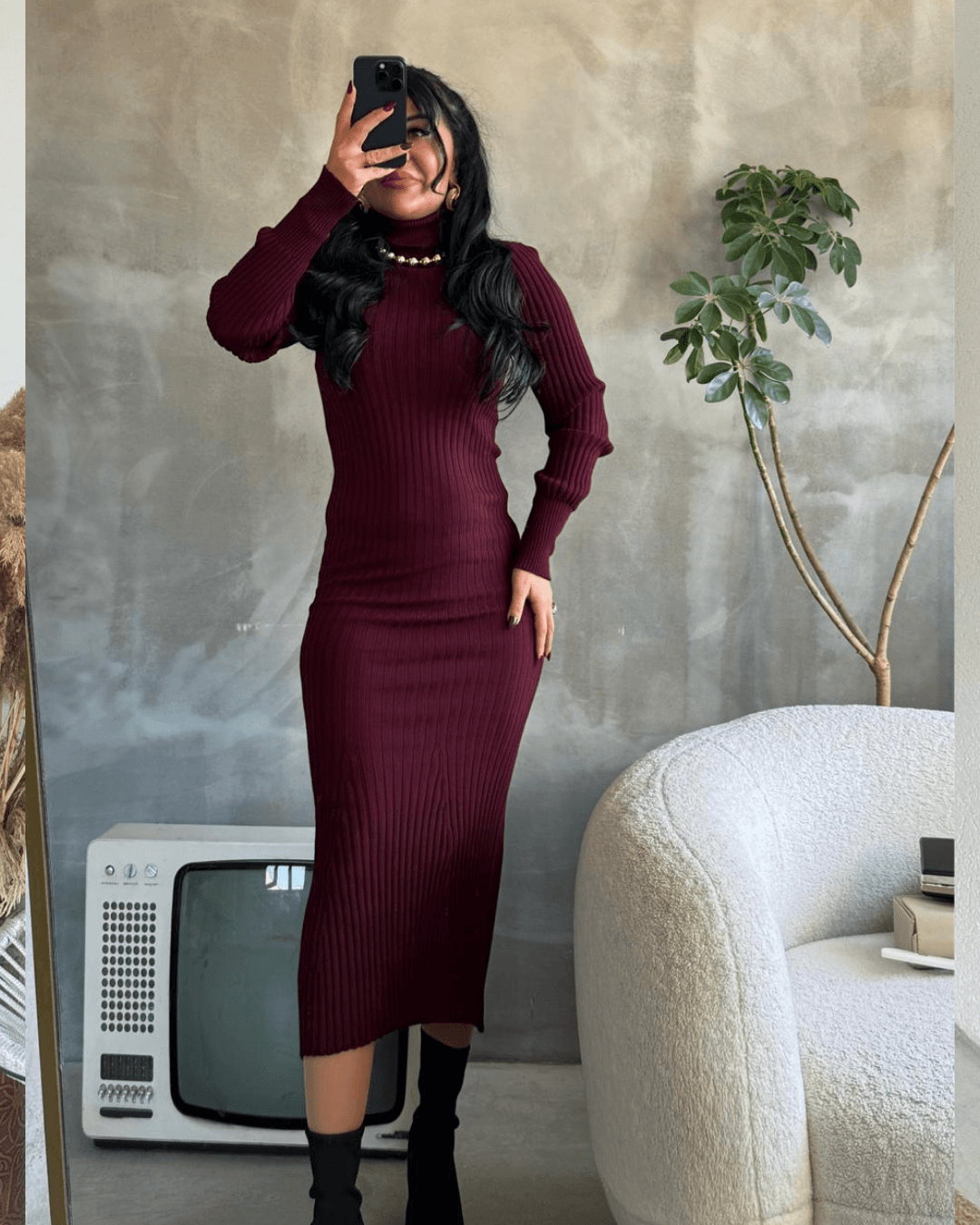 Triko Bogazlı Elbıse Bordo