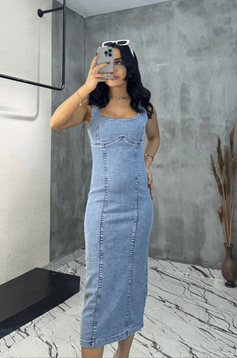 Midi Denim Elbise Açık Mavi