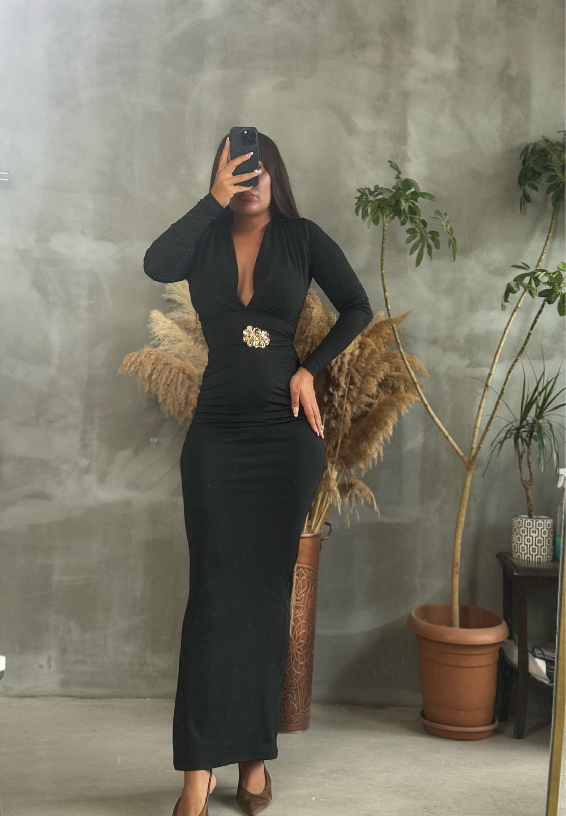  gold tokalı drapeli midi elbise