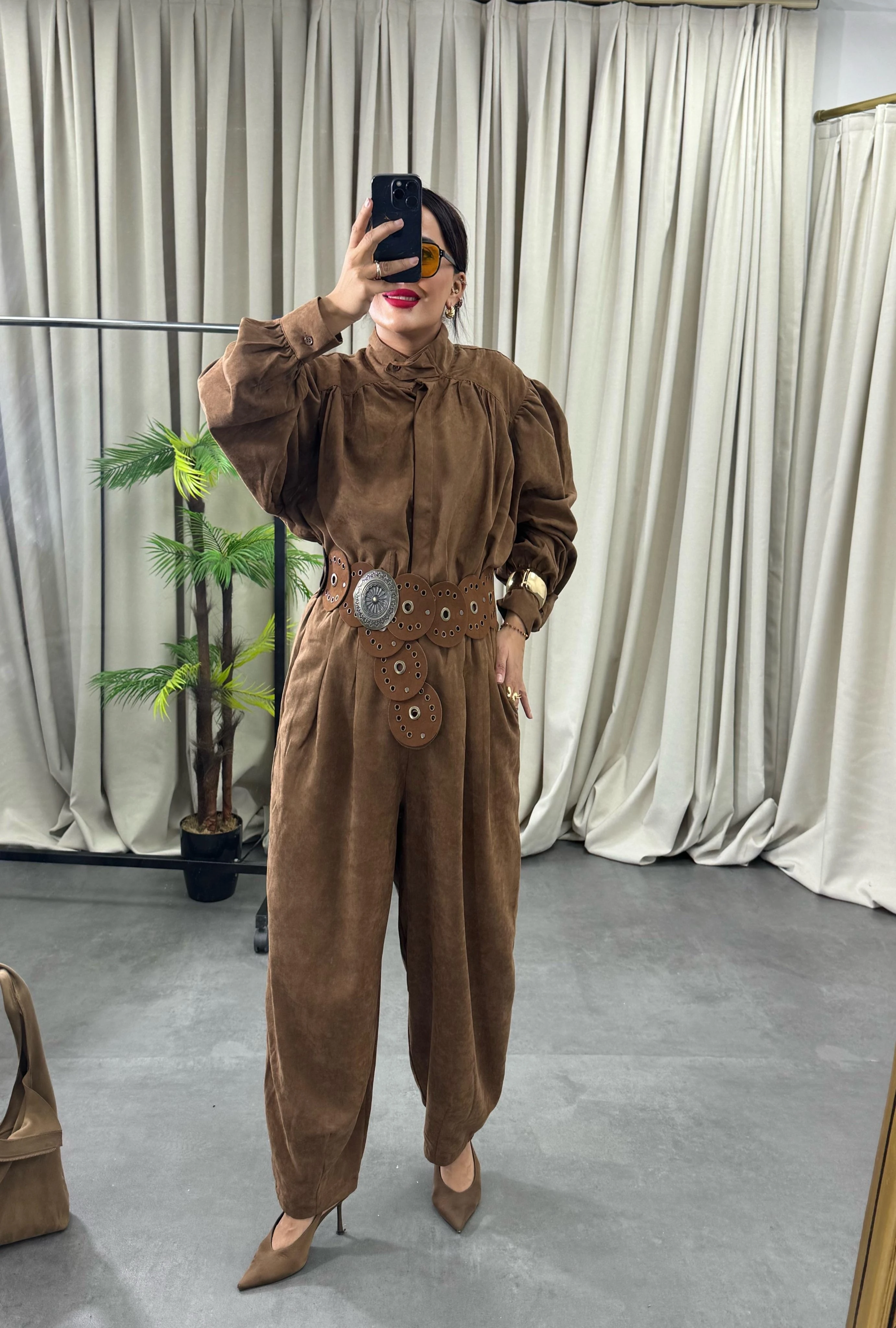 Balon Kol Şalvar Süet Takım Kahve