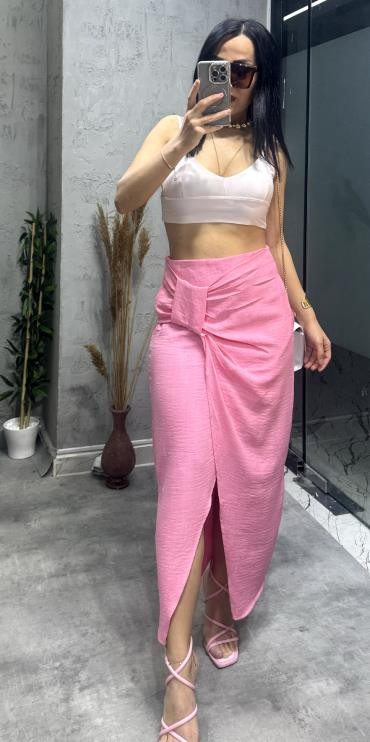 Yırtmaç Detay Keten Etek Pembe
