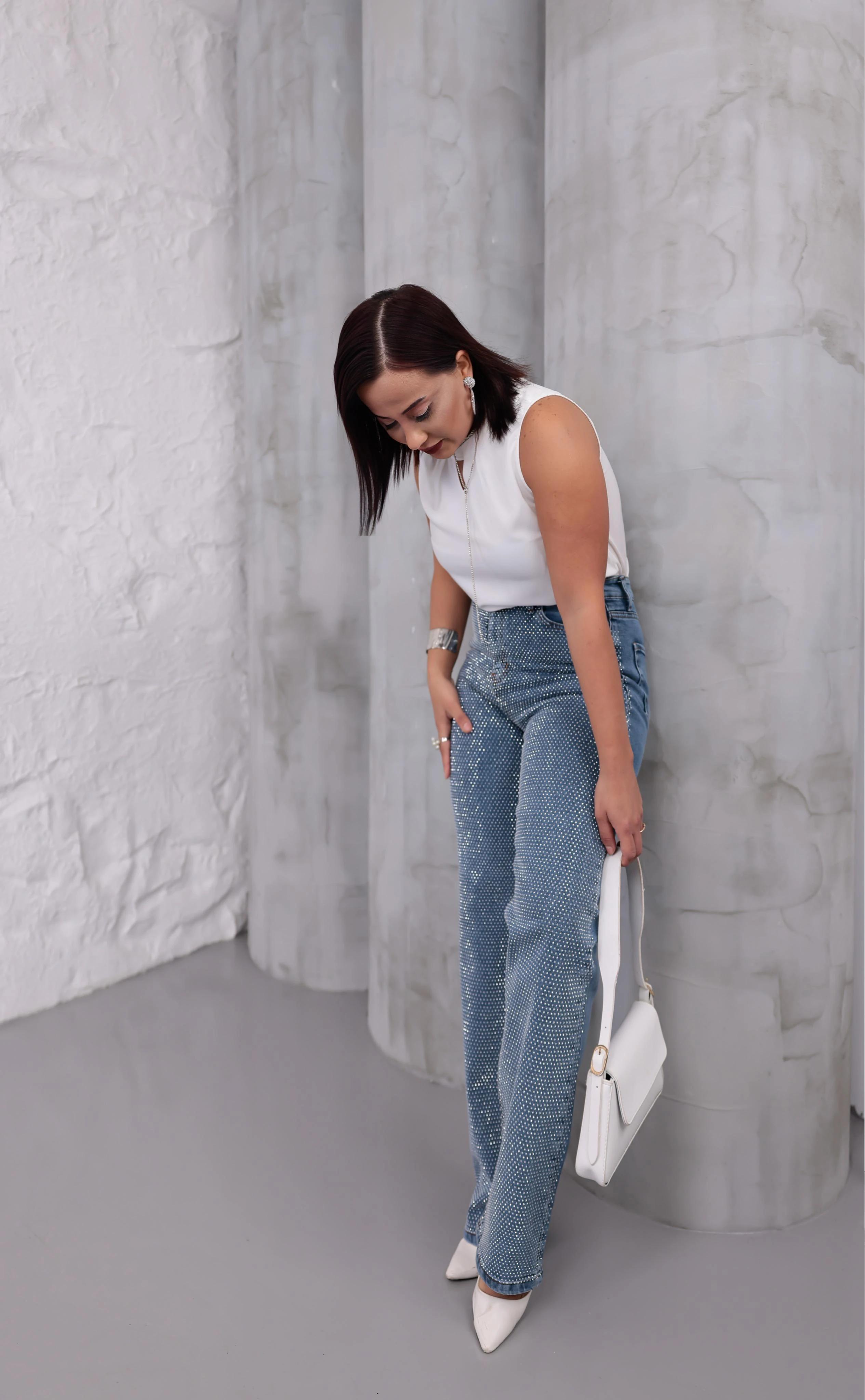 Işıltılı Likralı Taş Detaylı Denim Pantolon