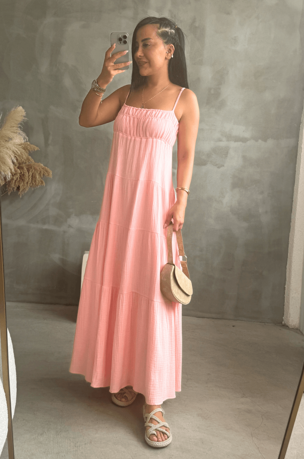 Sirince Keten Elbise Pembe