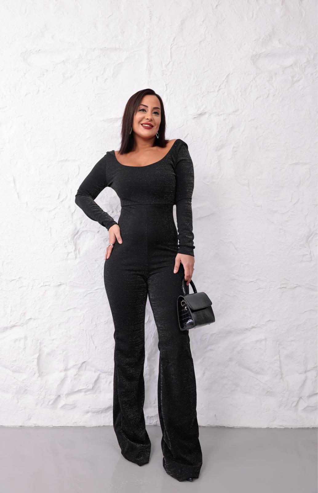 Simli Sırt Detaylı Tulum  - Siyah