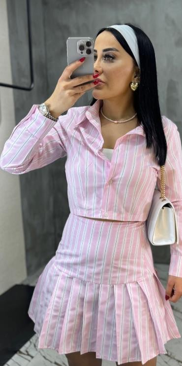 Poplin Gömlek Etek Takım Pembe