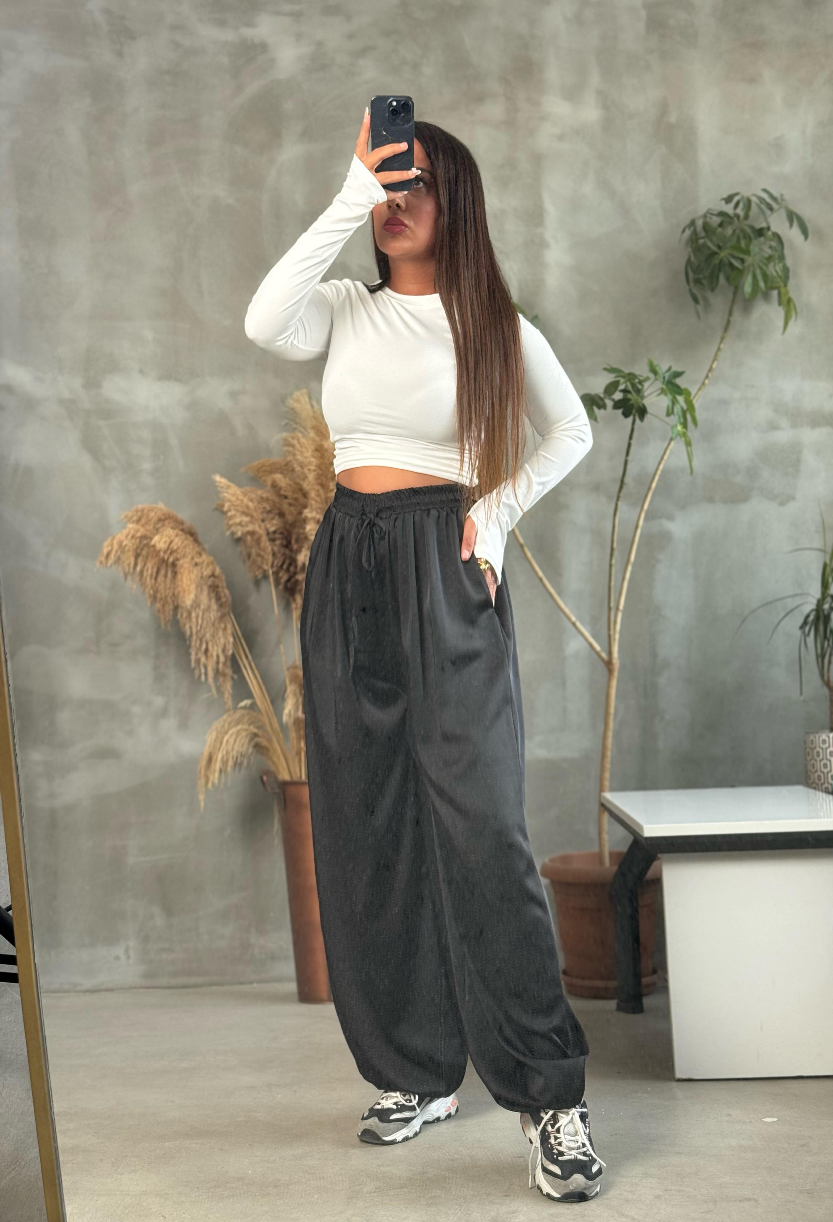şalvar saten pantolon - Siyah