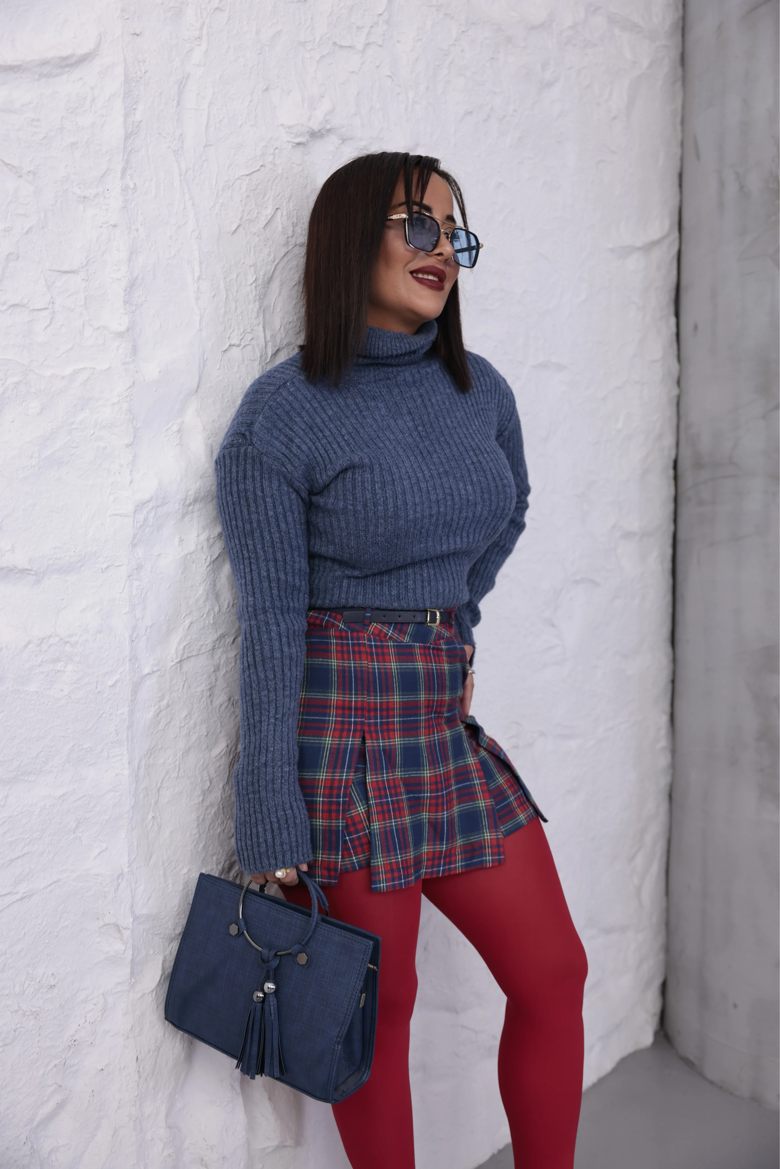 İskoç Ekoseli Kemerli Şort Etek  - Lacivert