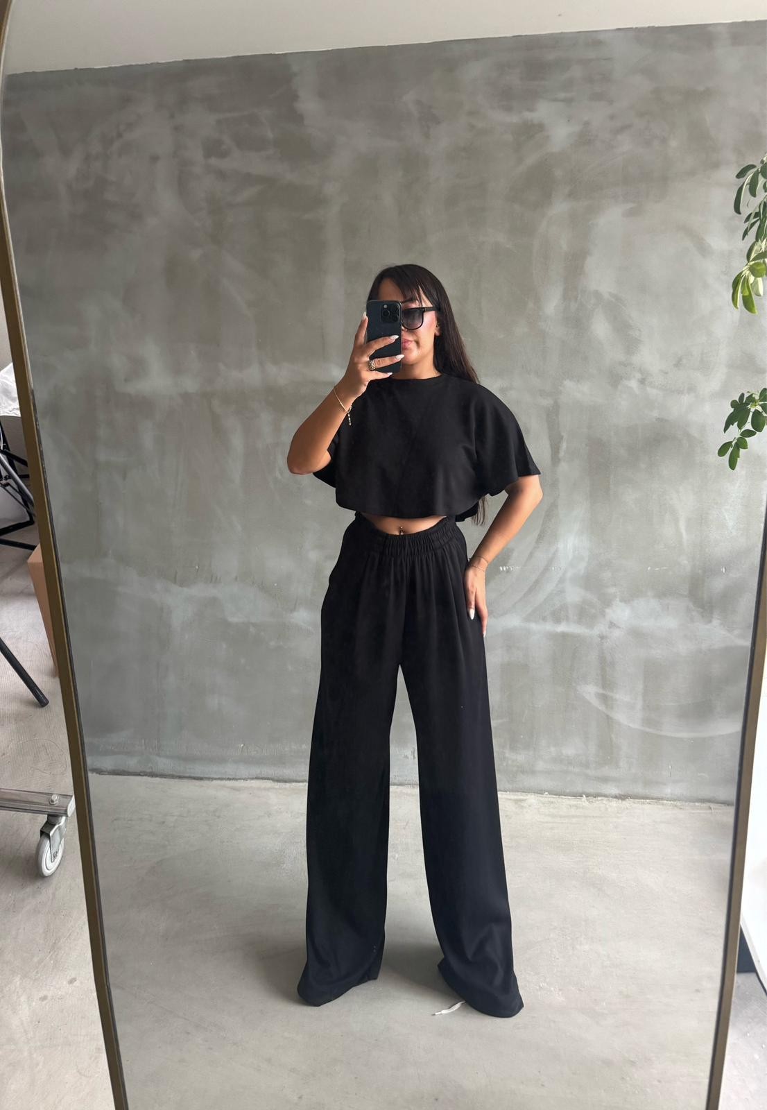  Oys Modal Kumaş Crop Üst & Bol Paça Pantolon Takım  - Siyah