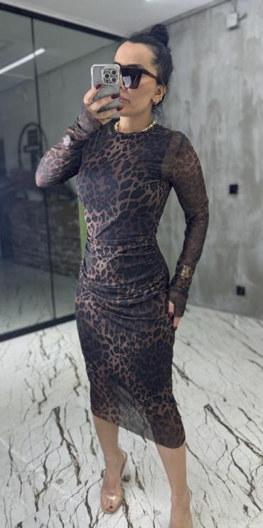 İç Astarlı Leopar Midi Elbise