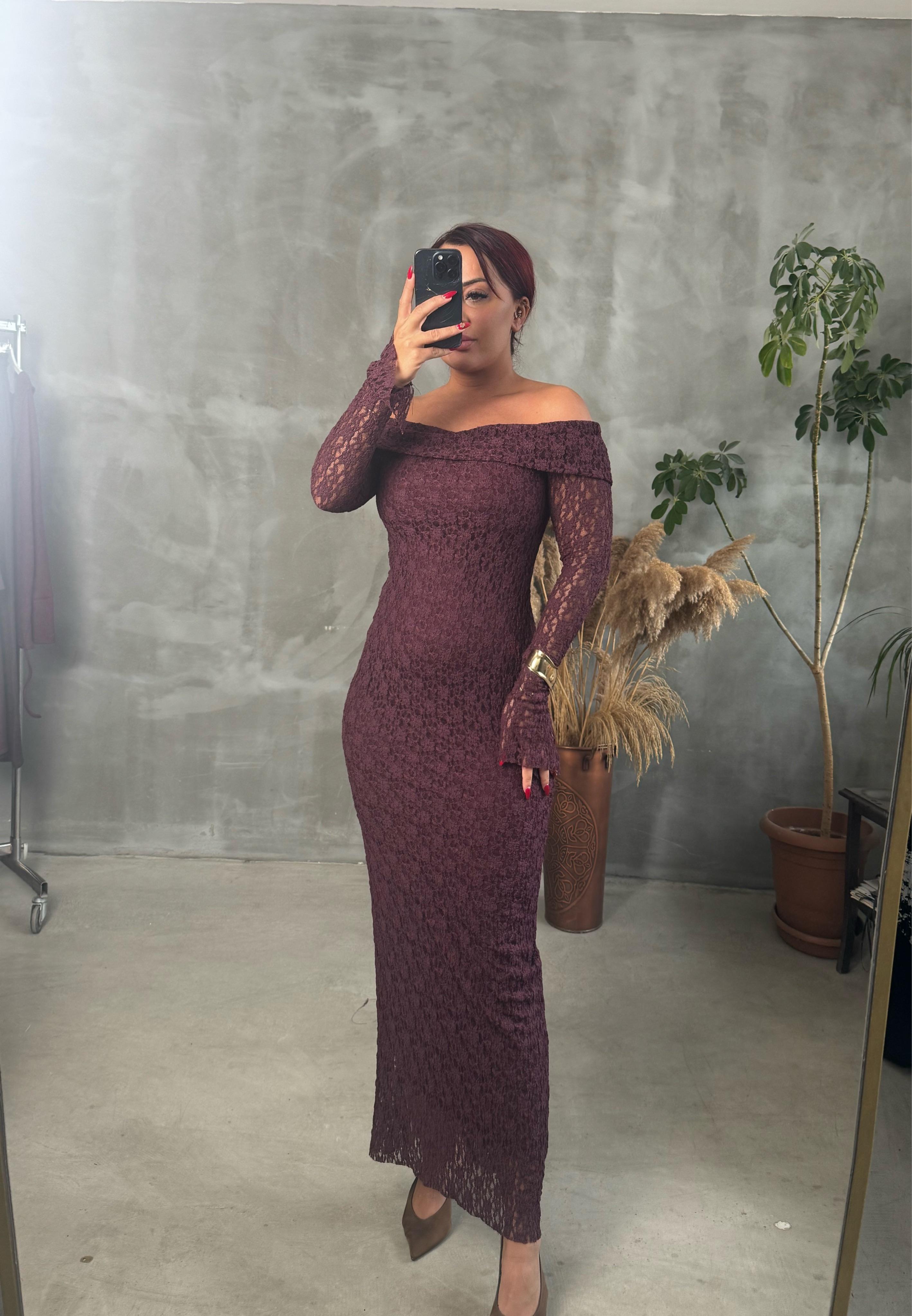 madonna yaka dantelli astarlı elbise - Bordo