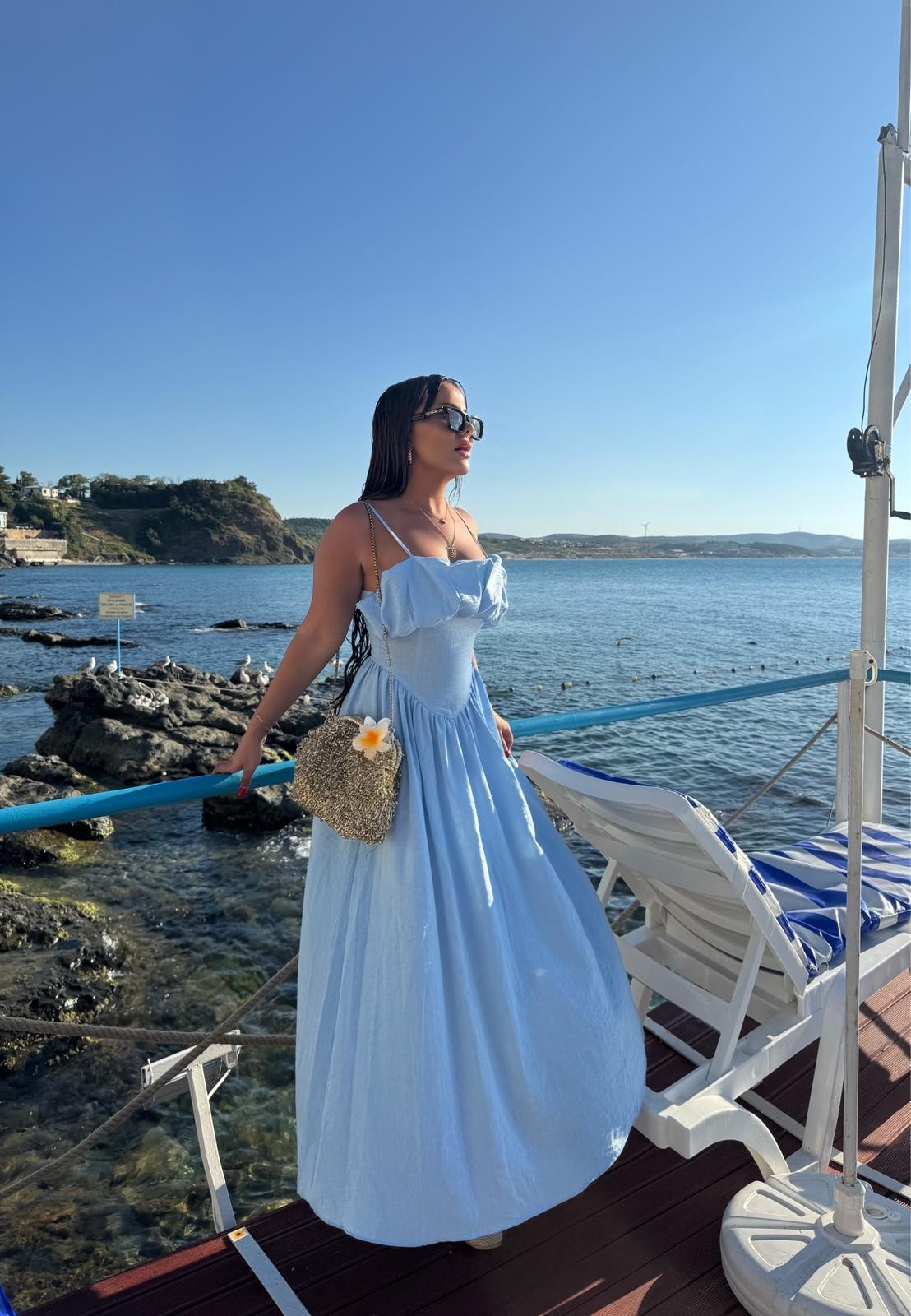 Palmiye Keten Elbise - Mavi