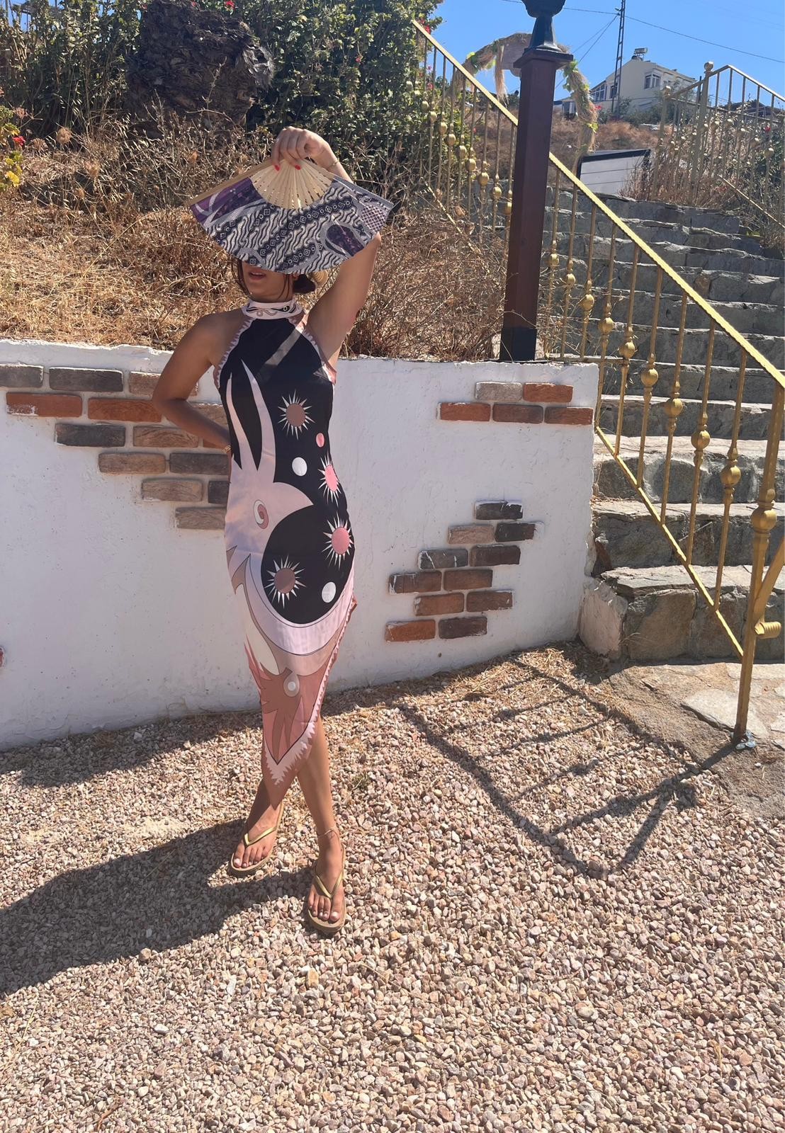 Premium Seri Pucci Saten Tasarım Asimetrik Elbise - Siyah