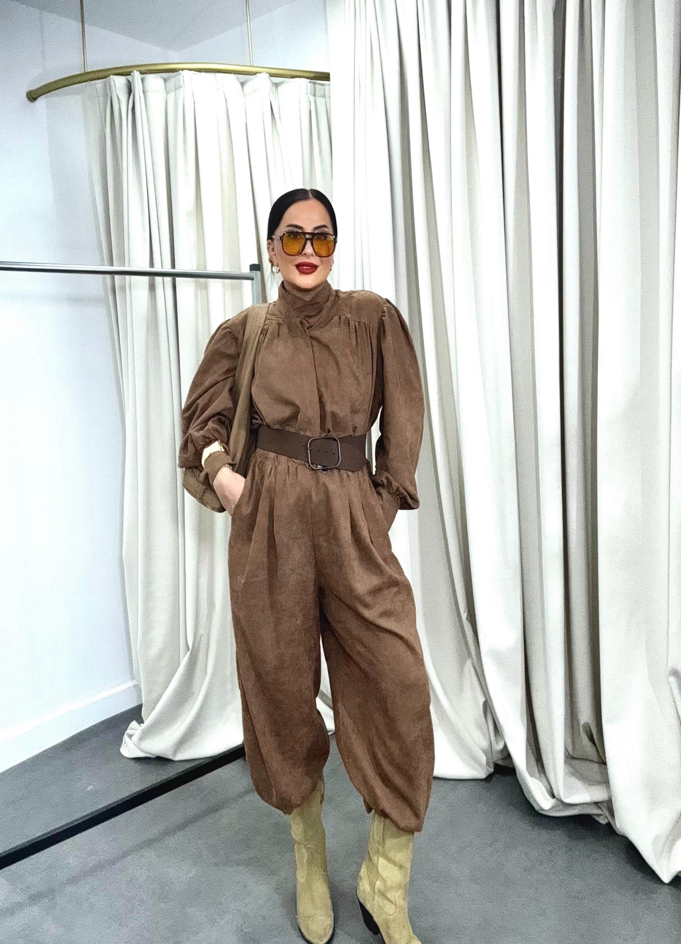 Balon Kol Şalvar Süet Takım Kahve