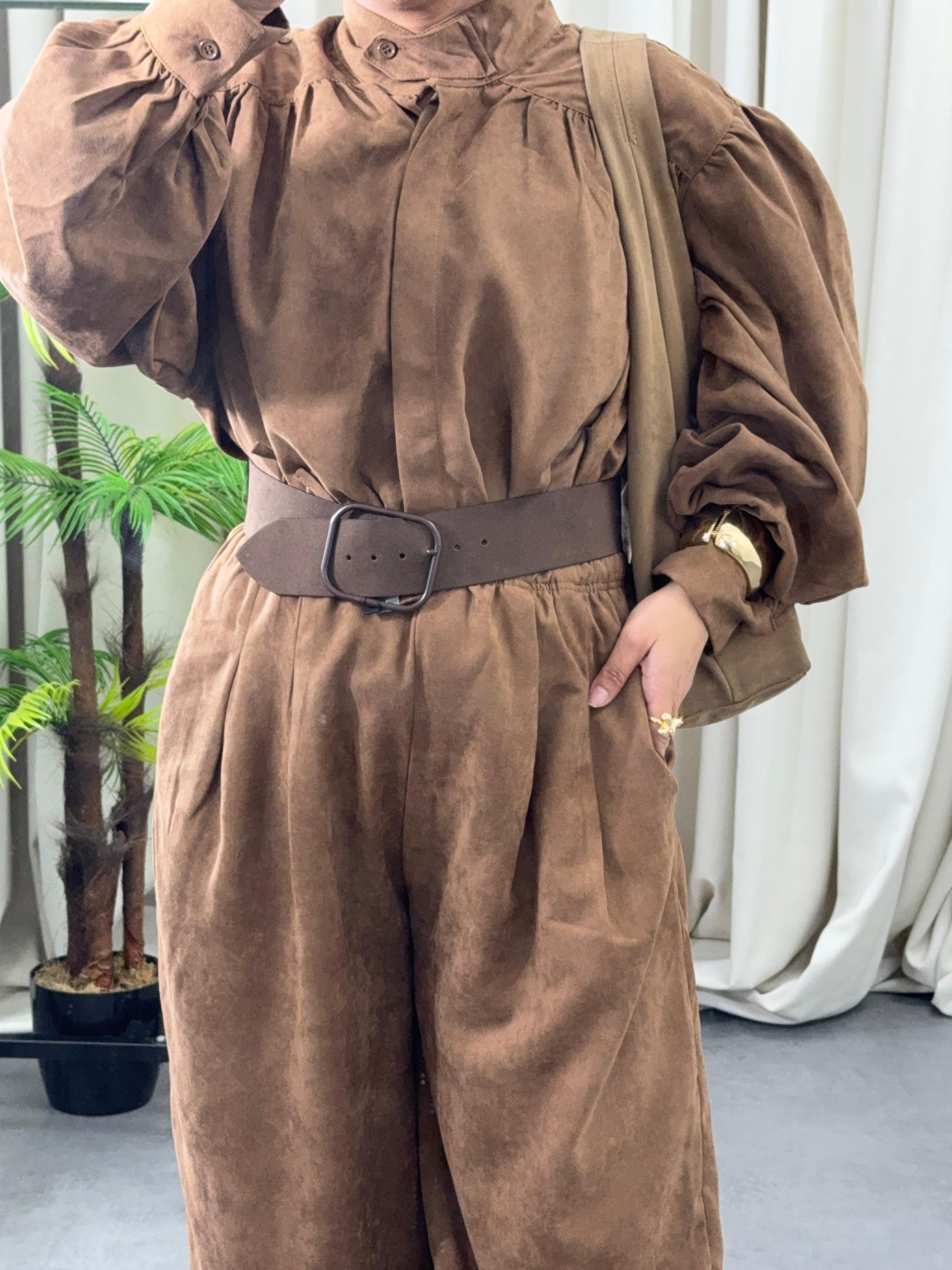 Balon Kol Şalvar Süet Takım Kahve