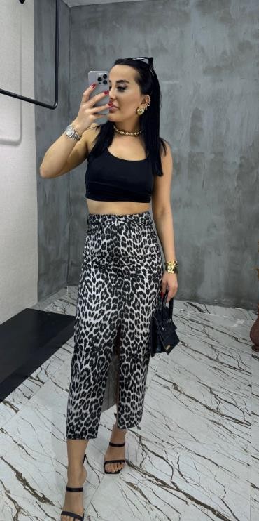 Leopar Desenli Jean Midi Etek