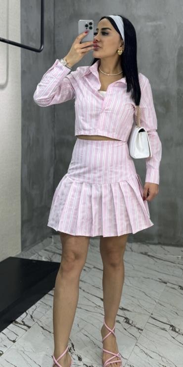 Poplin Gömlek Etek Takım Pembe