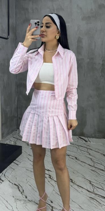 Poplin Gömlek Etek Takım Pembe