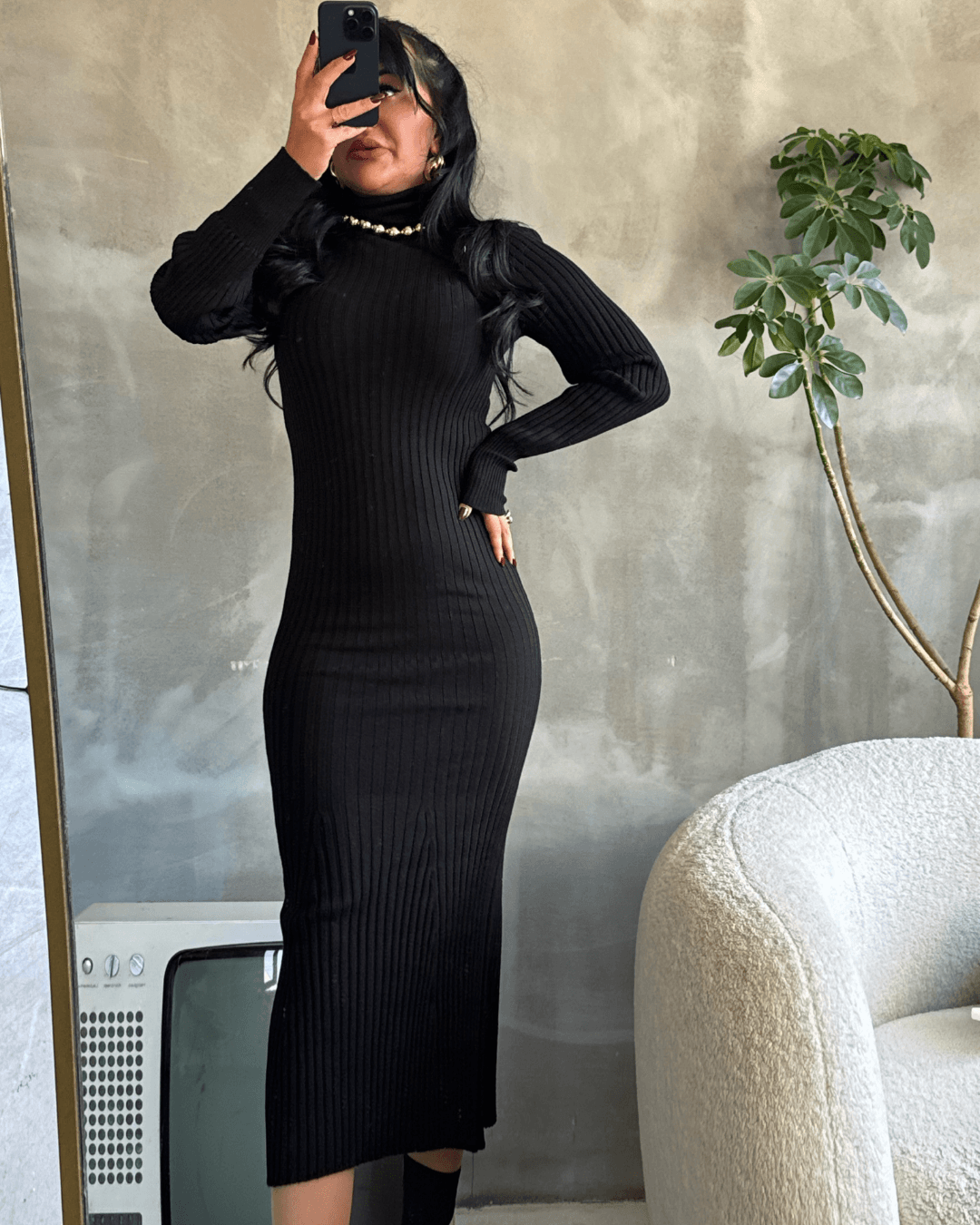Triko Bogazlı Elbıse Sİiyah