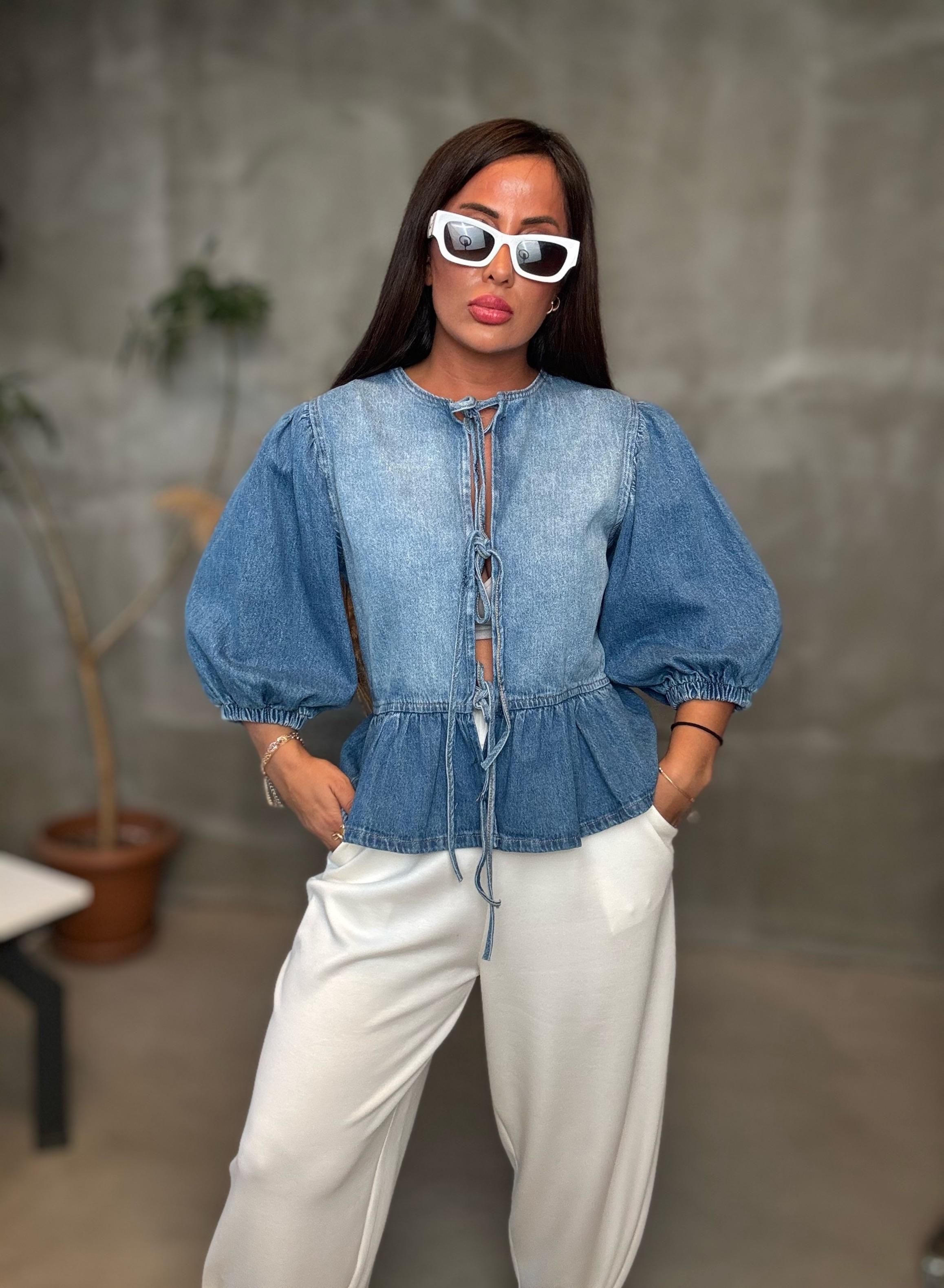 marka model bağlamalı denim ceket - Mavi