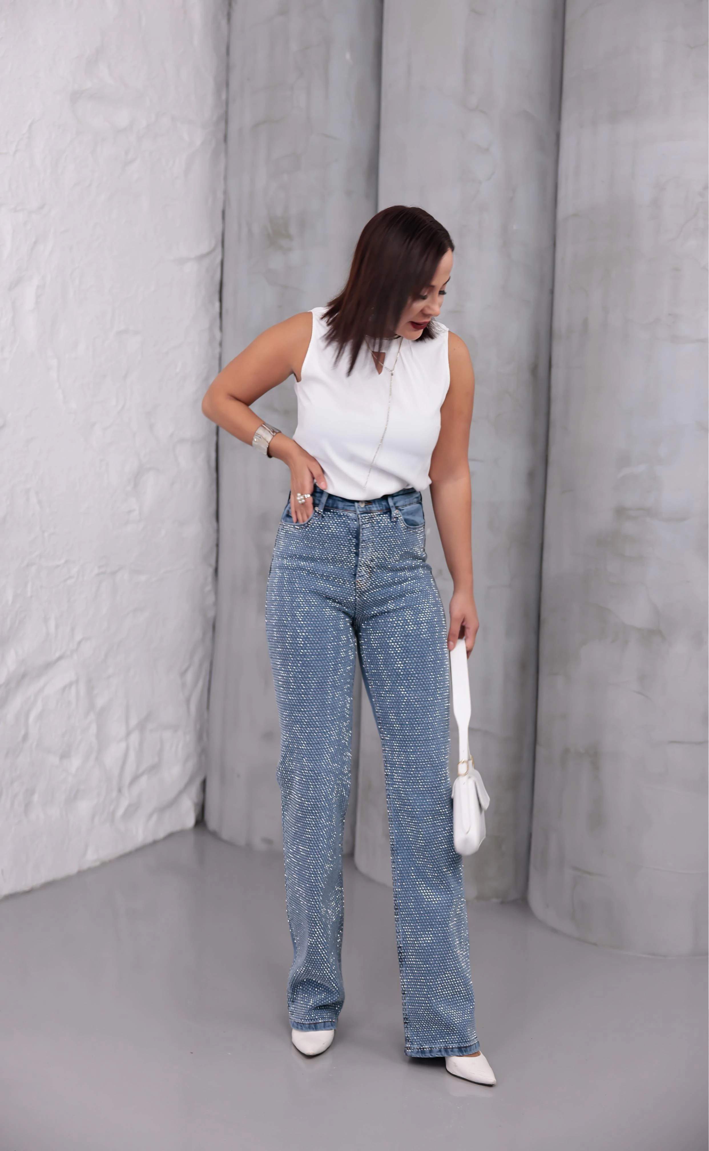 Işıltılı Likralı Taş Detaylı Denim Pantolon