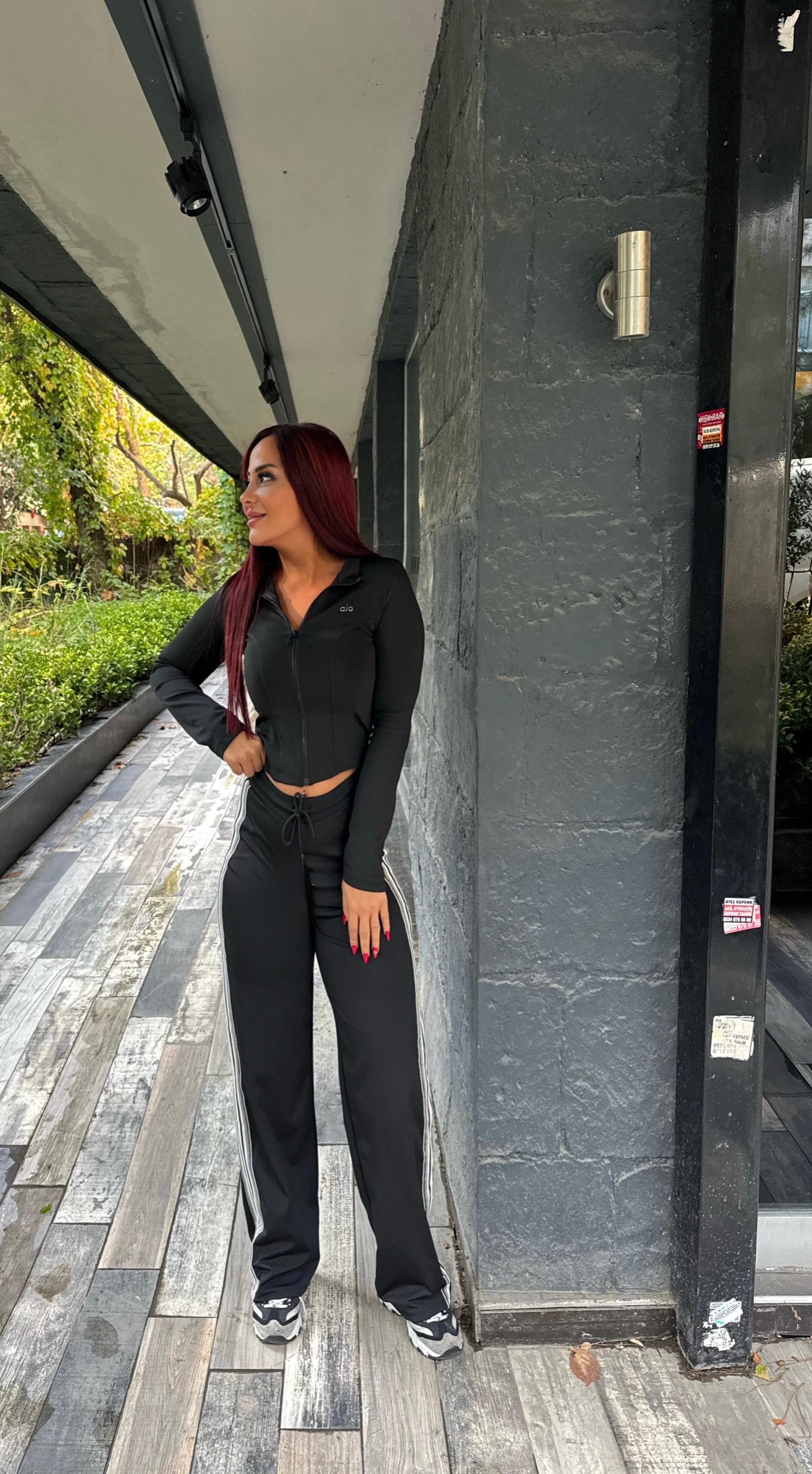 ola lüx kalite şeritli likralı eşofman takımı - Siyah