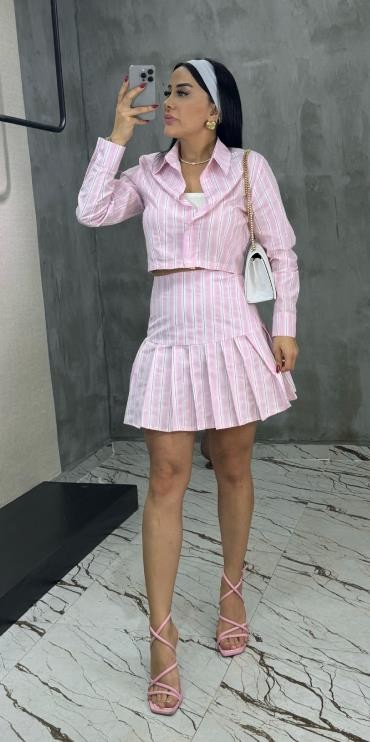 Poplin Gömlek Etek Takım Pembe