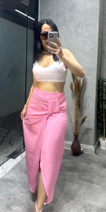 Yırtmaç Detay Keten Etek Pembe