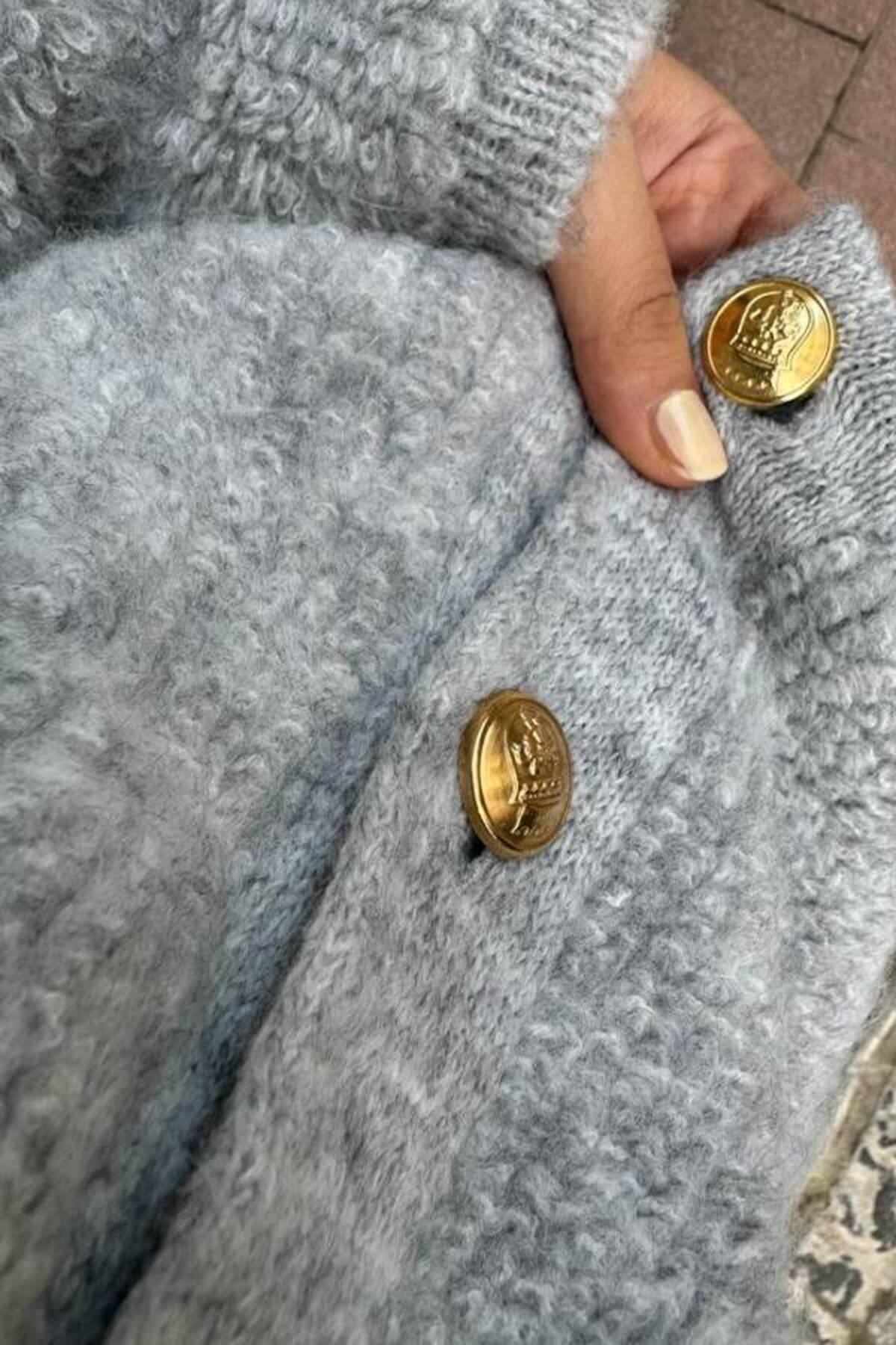 Teddy Peluş Yumuşak Gold Düğmeli Hırka Gri