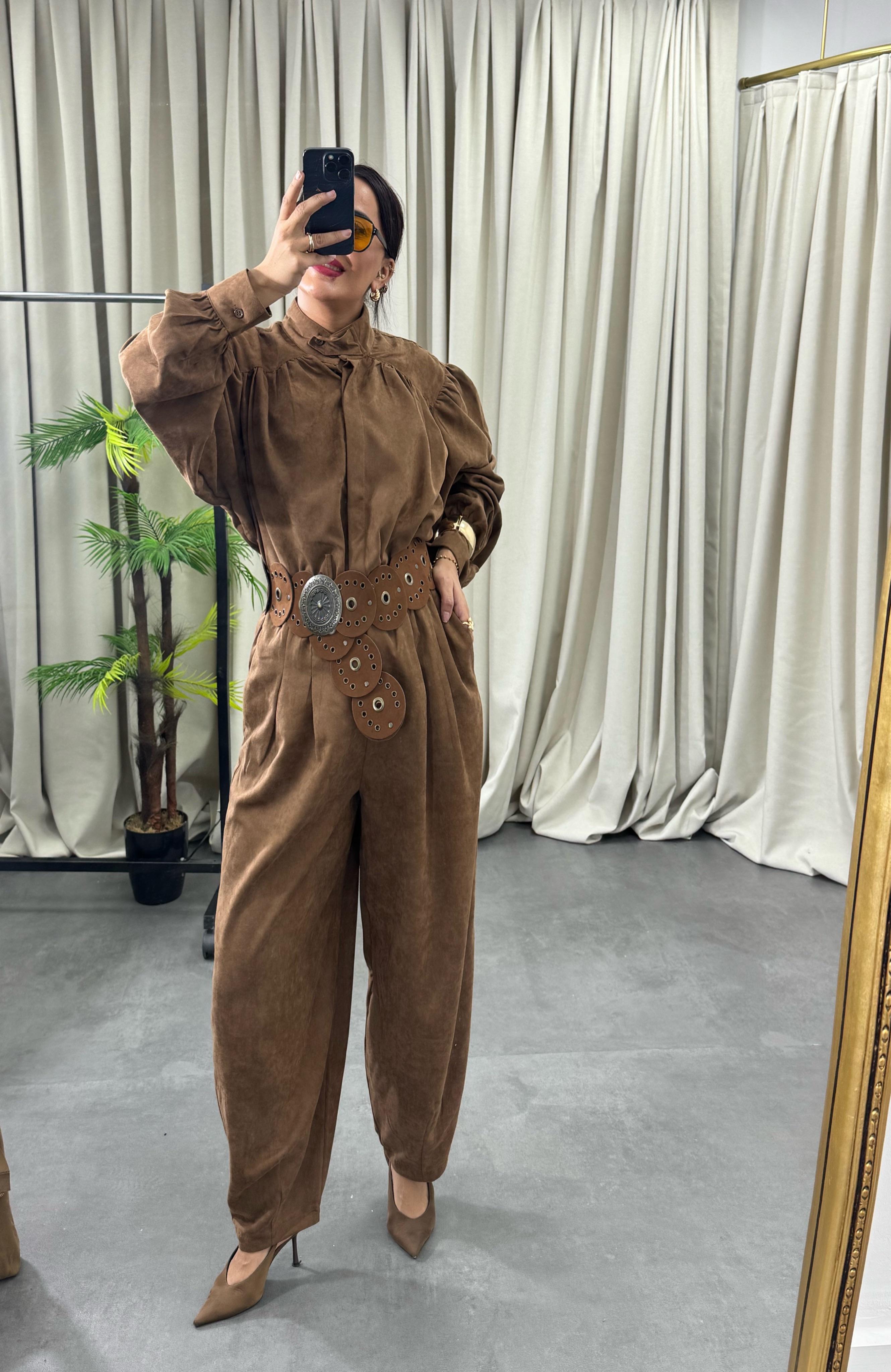 Balon Kol Şalvar Süet Takım Kahve