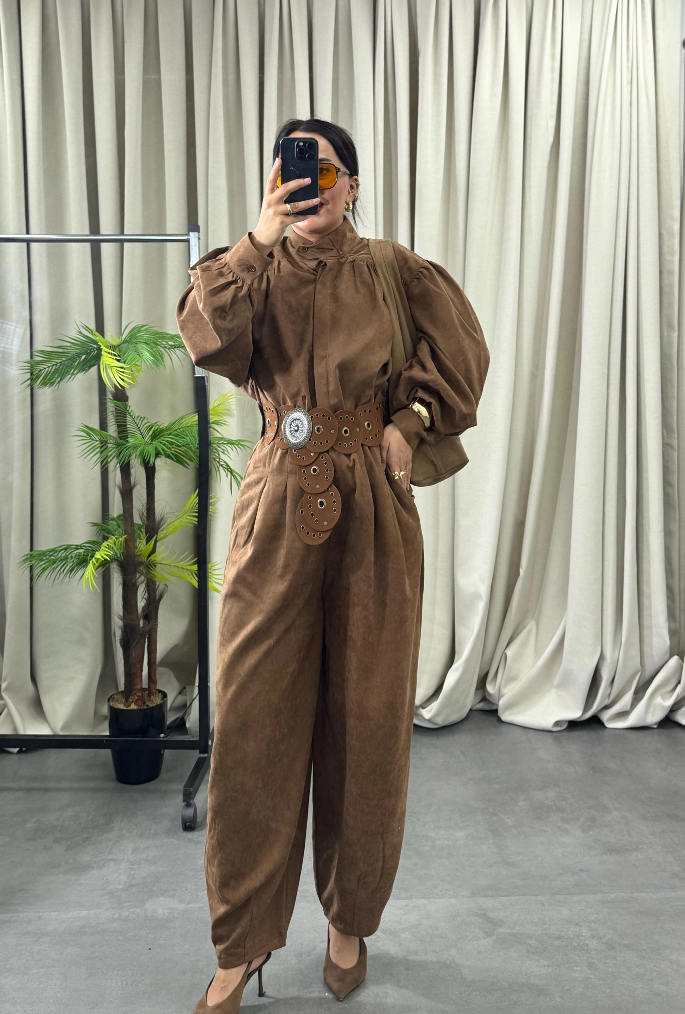 Balon Kol Şalvar Süet Takım Kahve