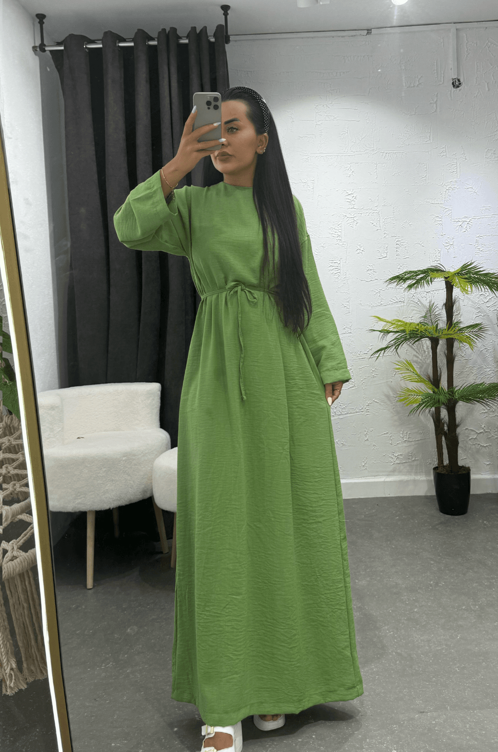 Zara Bağlamalı Keten Elbise Yeşil