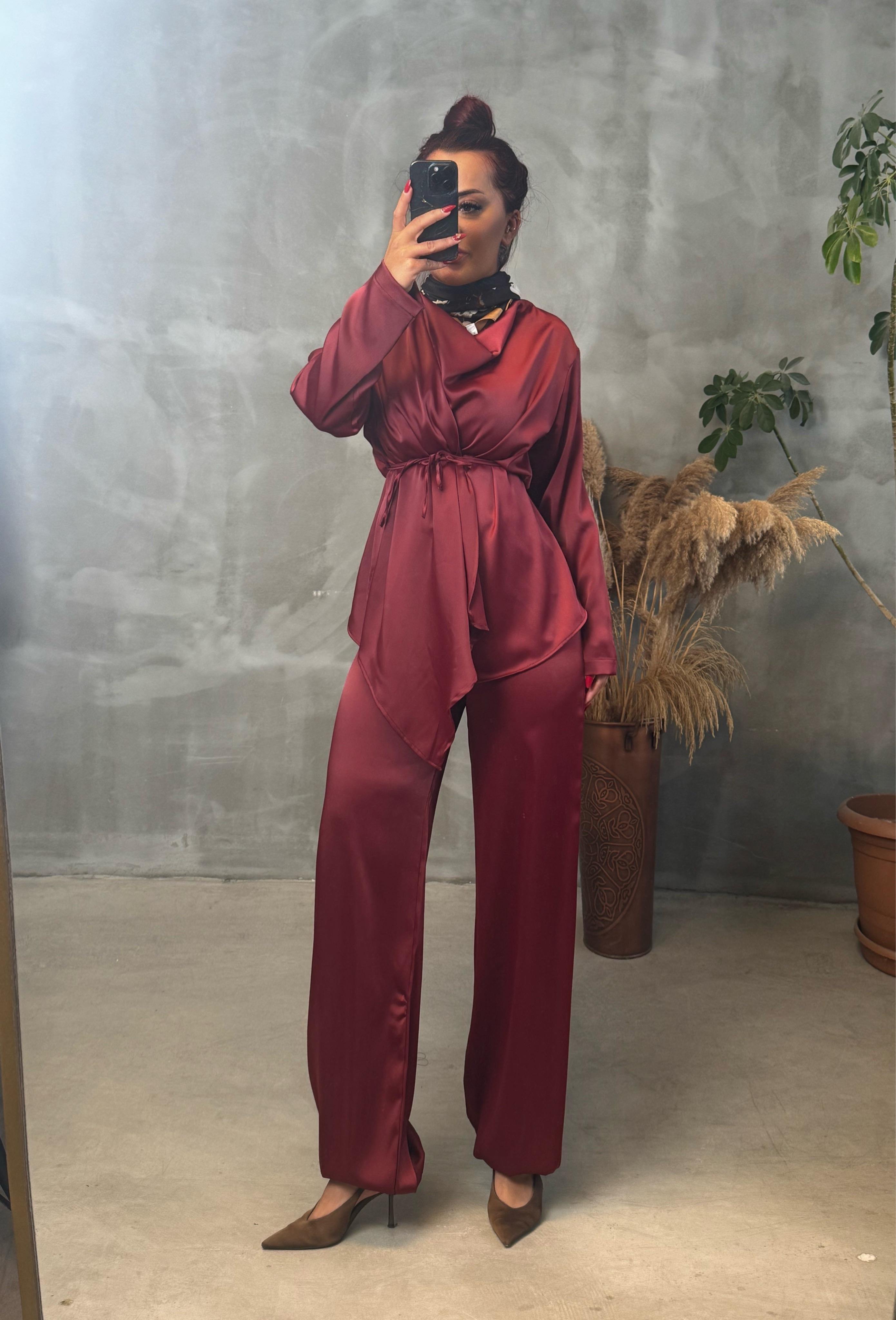 burcu tasarım saten takım - Bordo