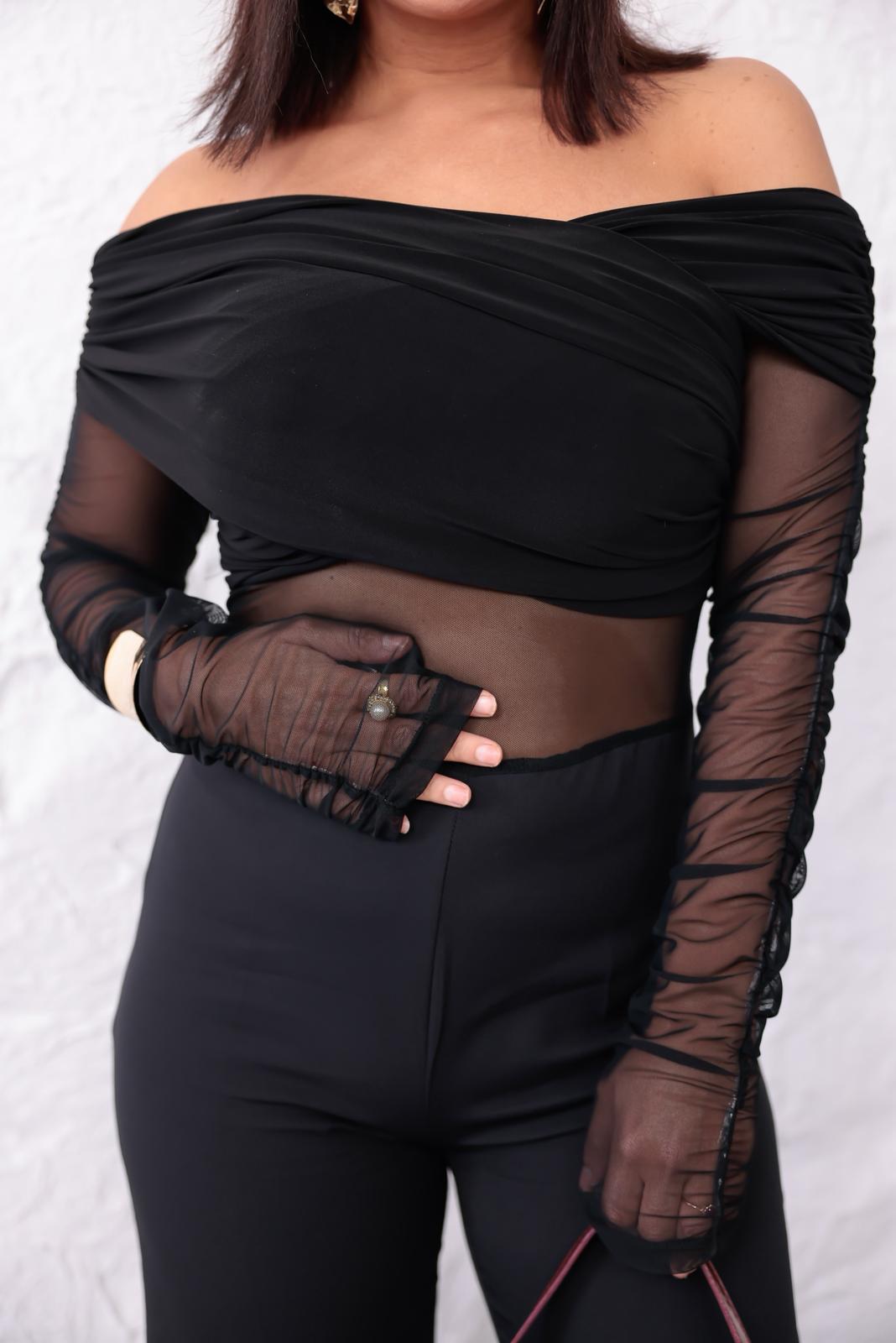 Madonna Yaka Transparan Tül Detaylı Tulum – Siyah