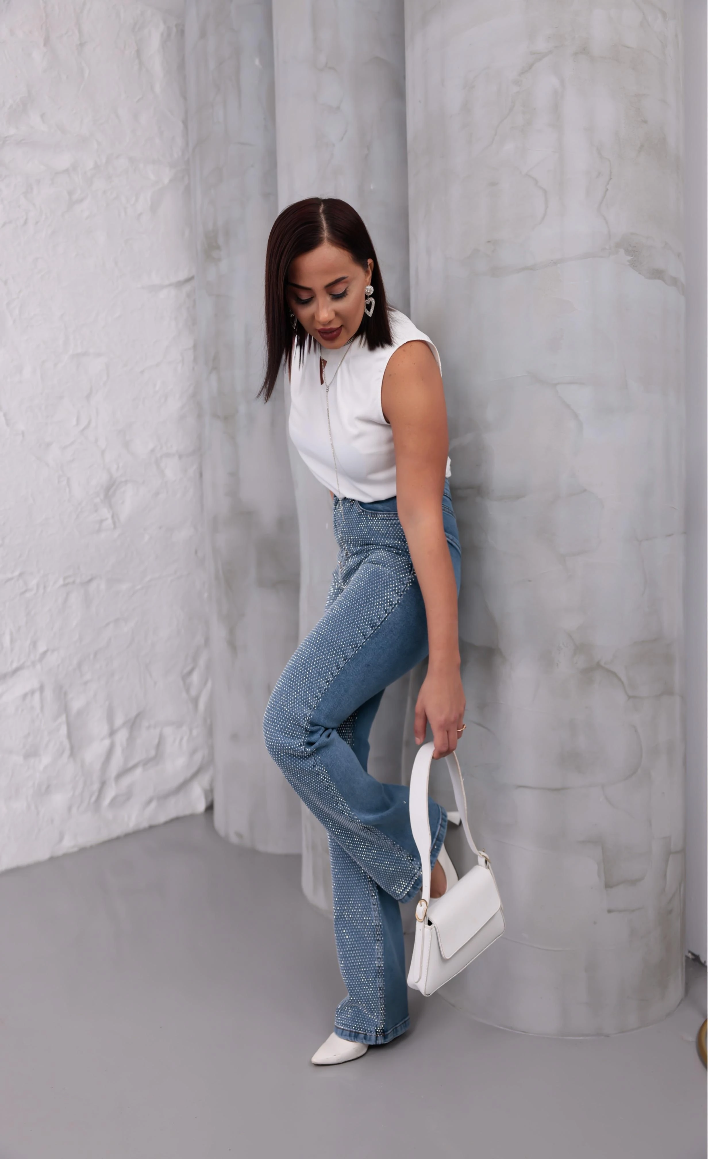 Işıltılı Likralı Taş Detaylı Denim Pantolon