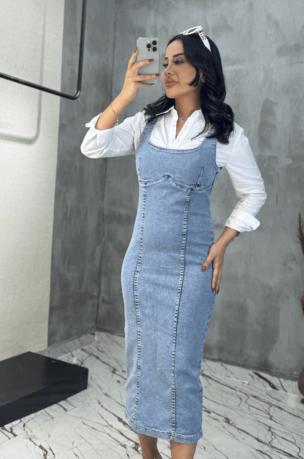 Midi Denim Elbise Açık Mavi