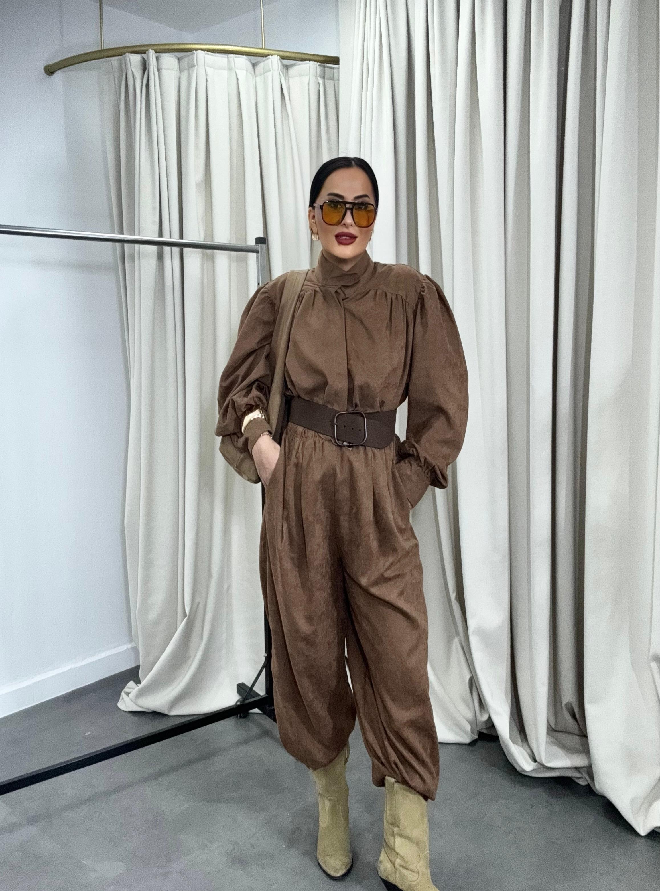 Balon Kol Şalvar Süet Takım Kahve