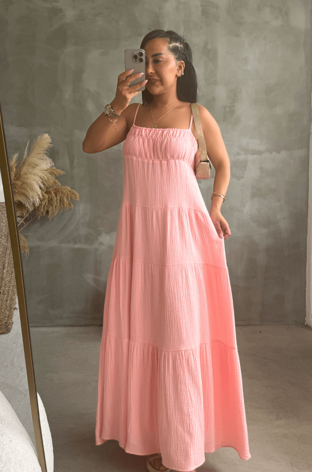 Sirince Keten Elbise Pembe