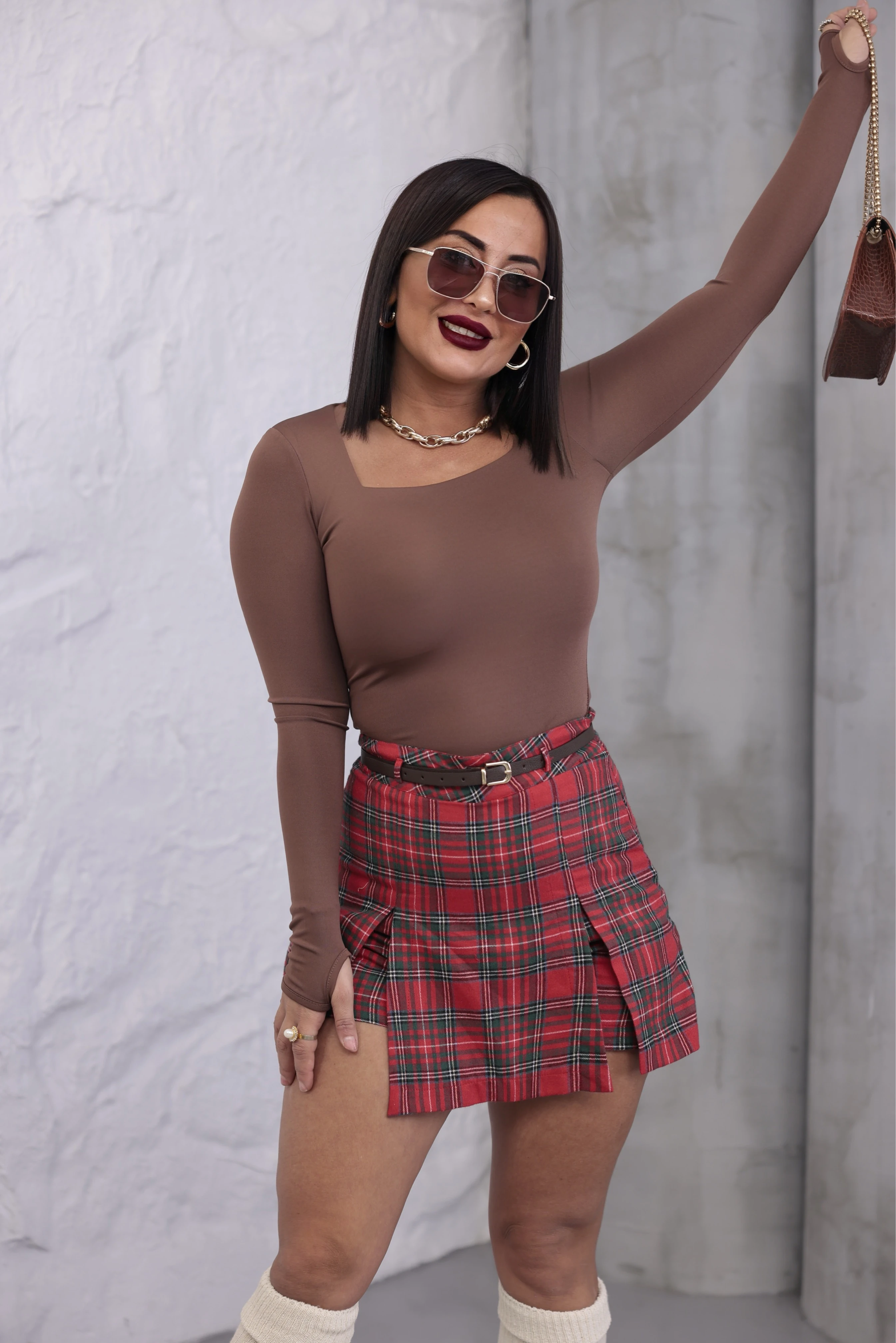 İskoç Ekoseli Kemerli Şort Etek  - Kırmızı