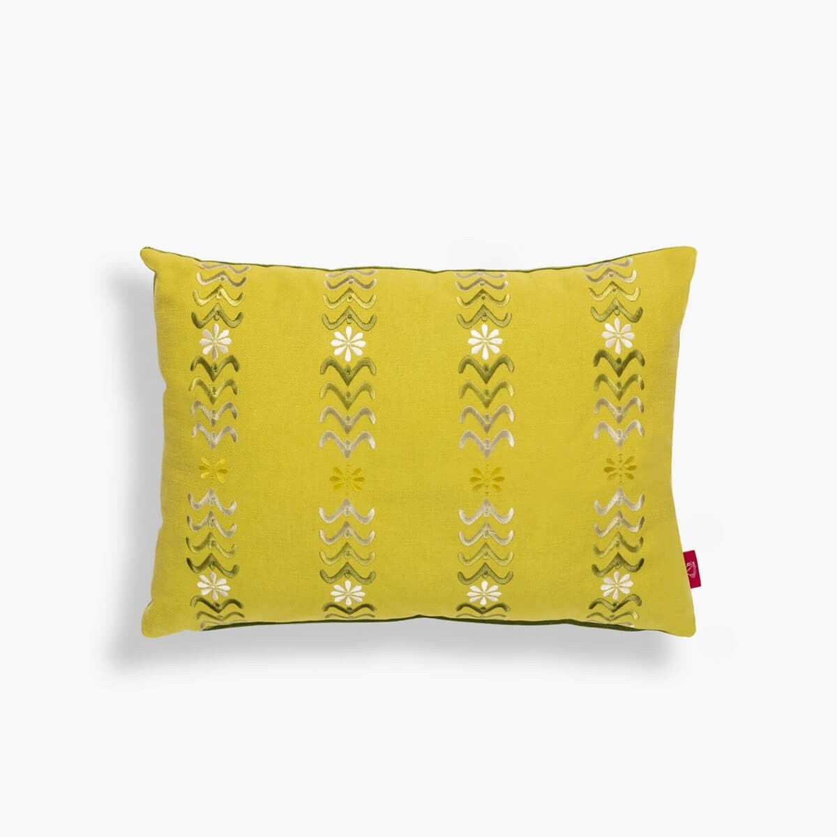 Keltasävyinen kukkakuvioinen vihreä kirjailtu tyynynpäällinen