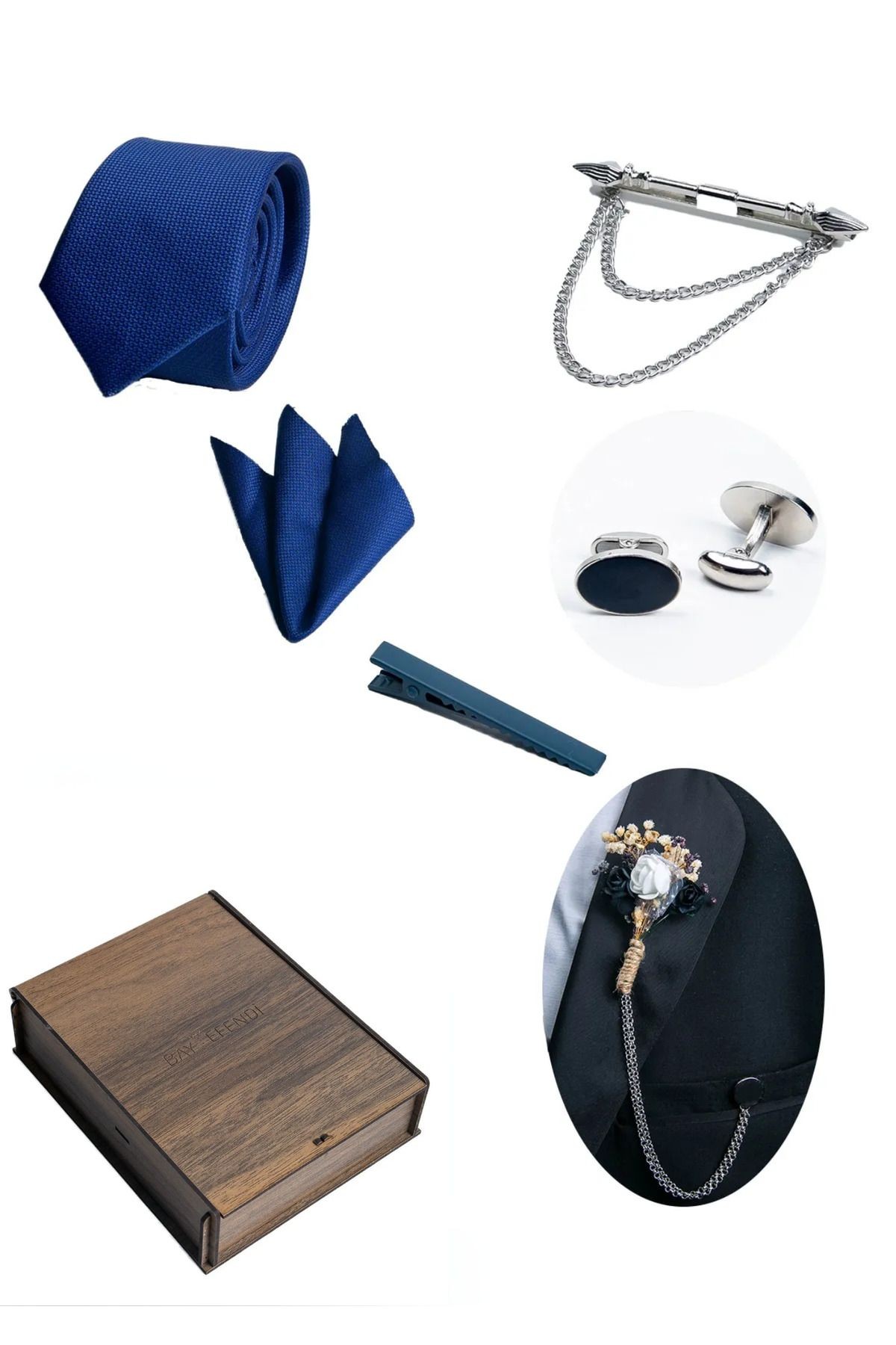 Ahşap Kutulu Lacivert Kravat &kol Düğmesi & Yaka Çiçeği & Yaka Iğnesi & Kravat Iğnesi Set