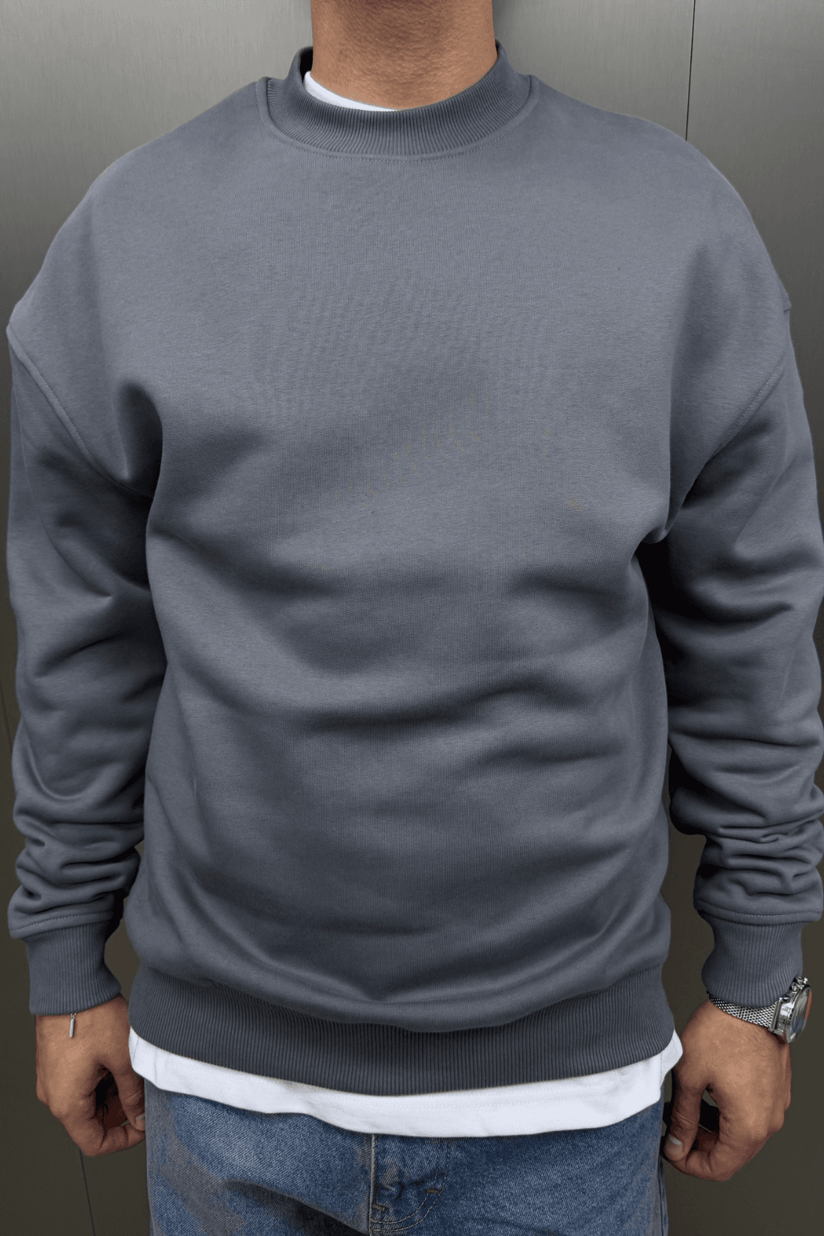 Düz Basic Sweatshirt Gri