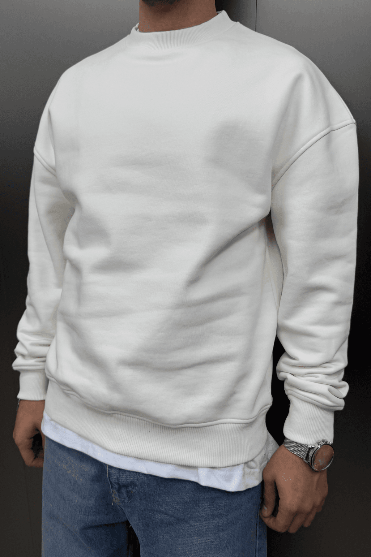 Düz Basic Sweatshirt Ekru