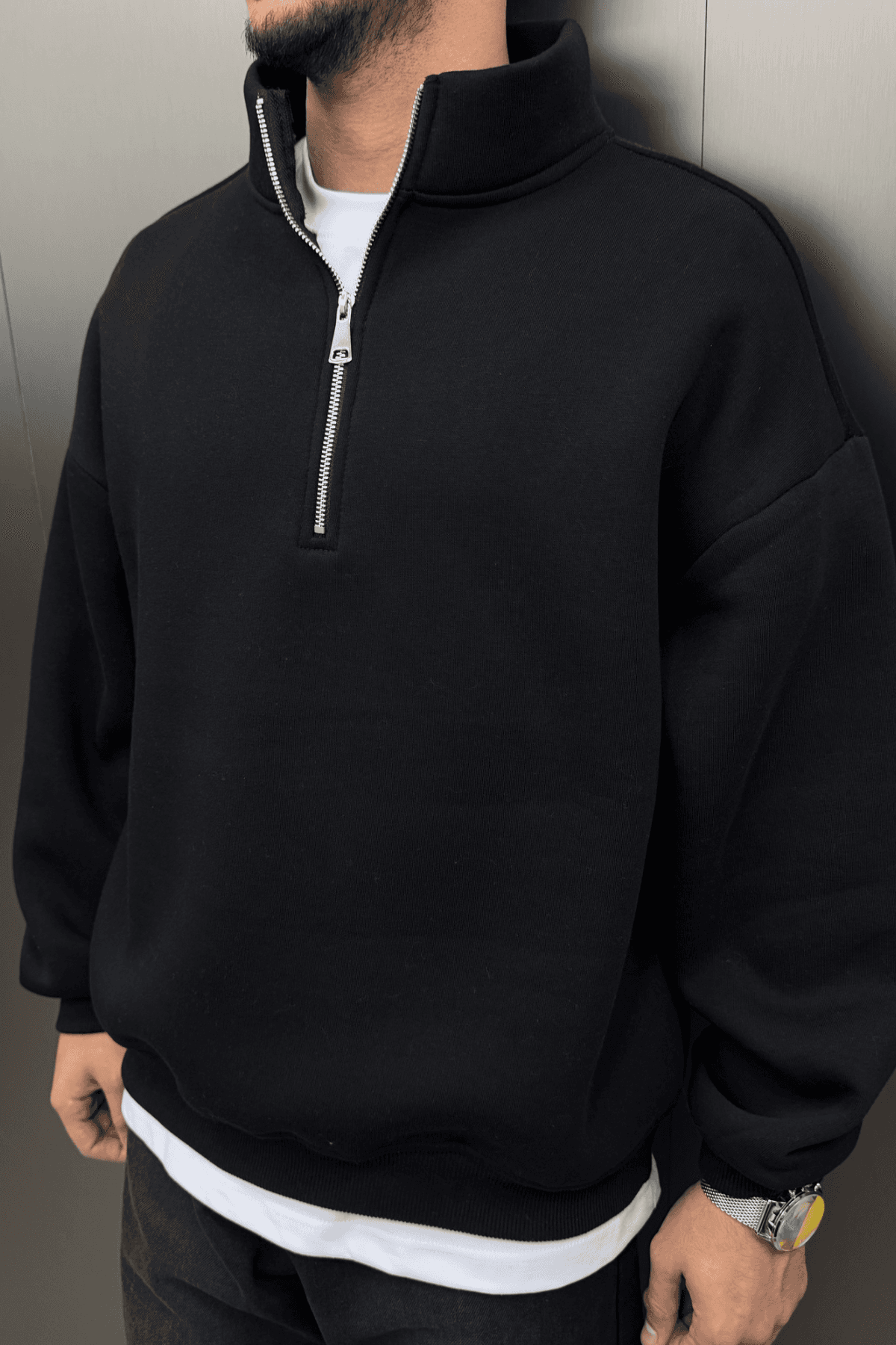 Half Zip Polo Yaka Siyah Sweatshirt