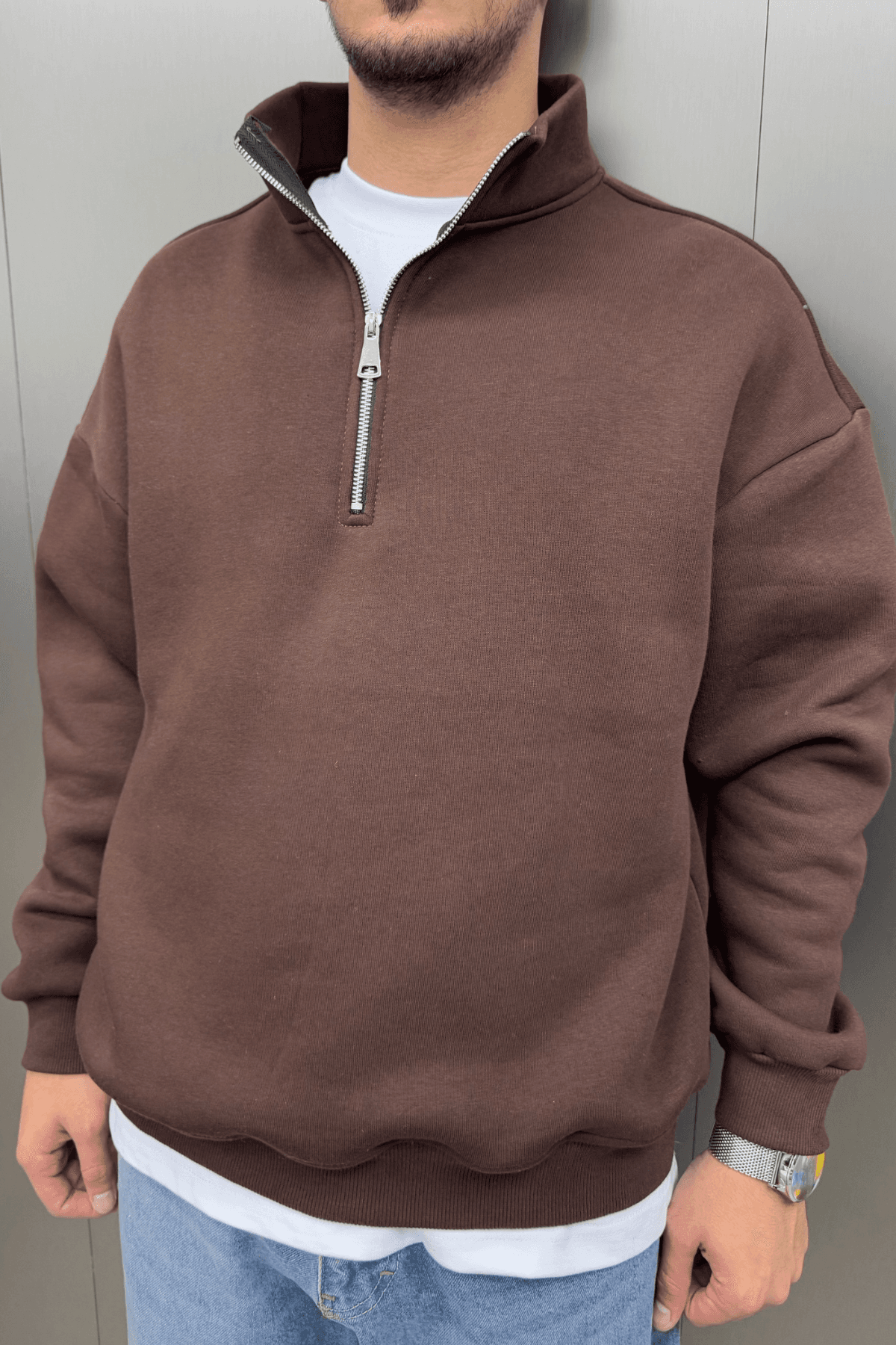 Half Zip Polo Yaka Kahverengi Sweatshirt