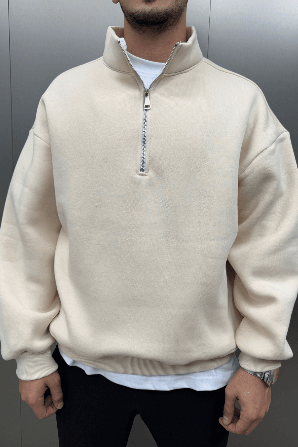 Half Zip Polo Yaka Bej Sweatshirt