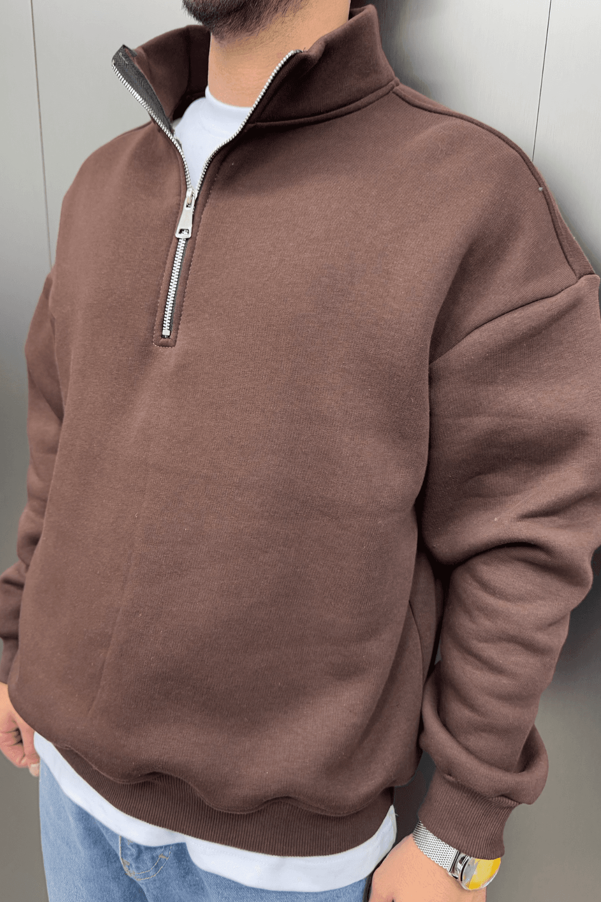 Half Zip Polo Yaka Kahverengi Sweatshirt